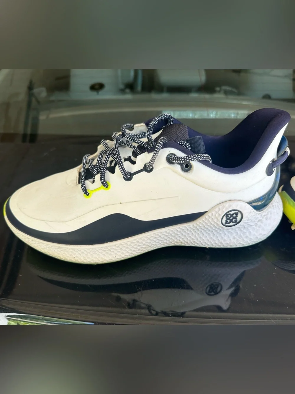 G/FORE Men's White Navy Athletic Shoes with Neon Yellow Accents + Air Jordan 1